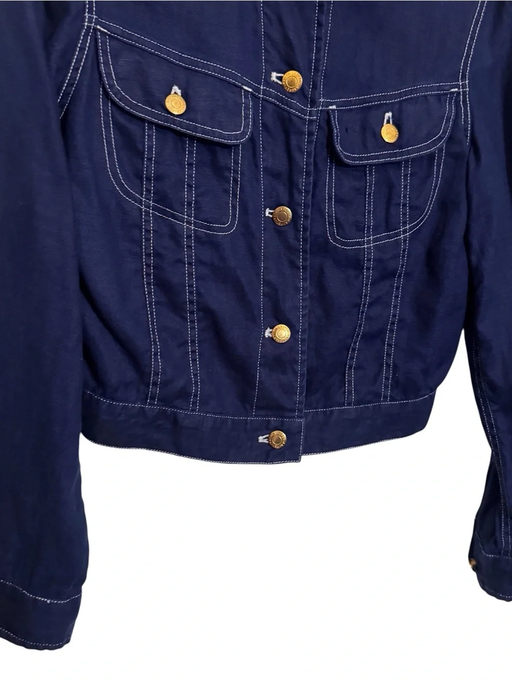 Lauren Ralph Lauren Size Small Blue Linen Jacket Stitch Pockets Western Denim - Picture 3 of 5